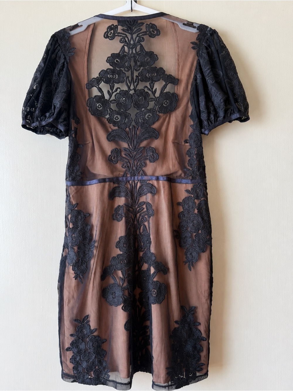 For Love & Lemons Black Lace Mesh Mini Dress Puff Sleeve Nude Lining Size L - Picture 2 of 6